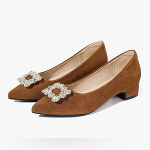 Suede Elegant Brown Women's Shoes with Crystal Embellishment